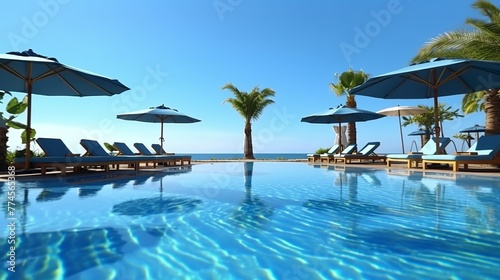 Swimming pool with sunbeds and umbrellas.