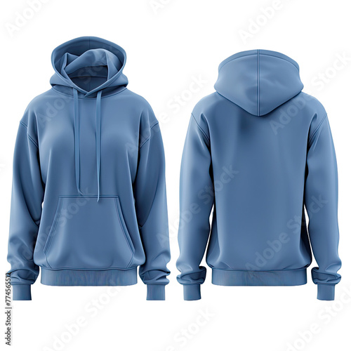 Set of blue front and back view hoodie isolated on transparent background.