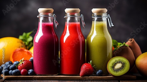 Bottles of fresh fruit and vegetable juices. Detox diet. photo