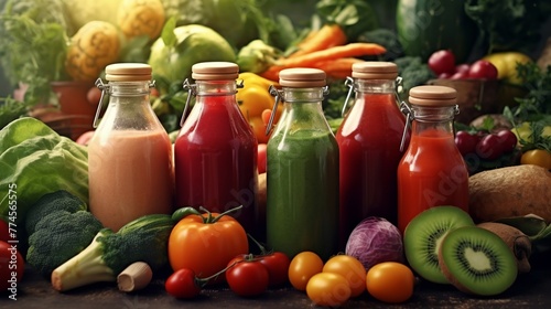 Bottles of fresh fruit and vegetable juices. Detox diet.