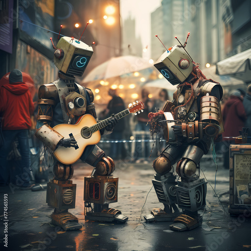 Robot street performers in a futuristic city. photo