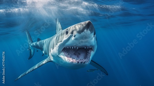 Great White Shark (Carcharodon carcharias) in blue water