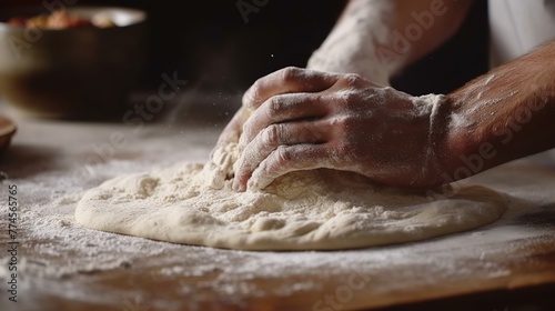 Male hands kneading dough on wooden table in kitchen, closeup