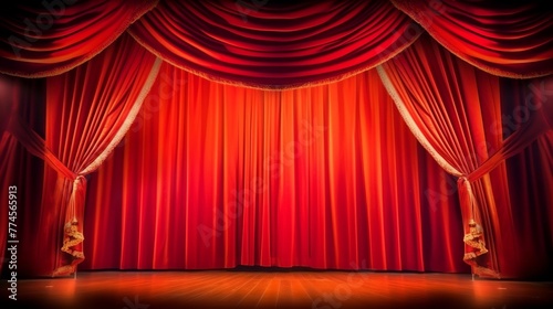 Red theater curtain with spotlights and wooden floor