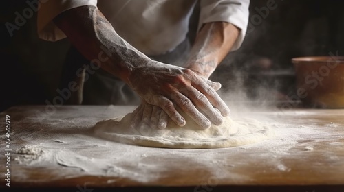 Male hands kneading dough on wooden table in kitchen, closeup photo