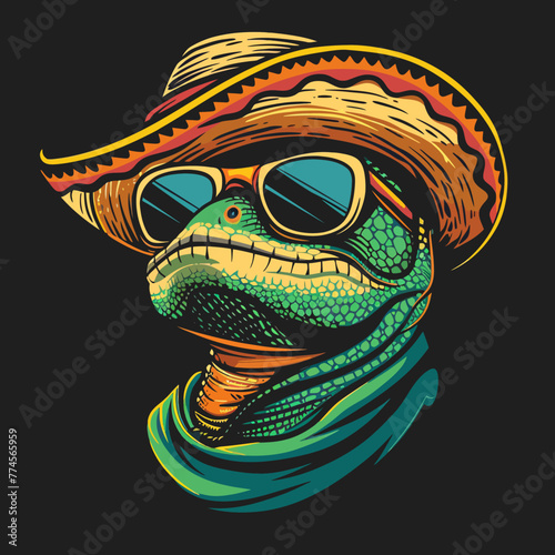 Mascot logo of a vhameleon wearing sombrero hat and sunglasses