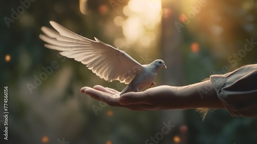 Female hand holding a white dove on the background of the setting sun