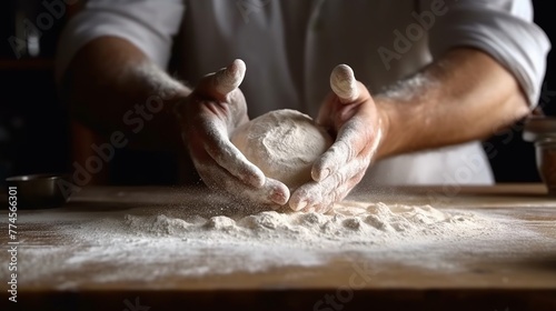 Male hands kneading dough on wooden table in kitchen, closeup photo