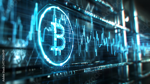 Futuristic Bitcoin wallpaper with line graph illustrating cryptocurrency market movements. Blue style