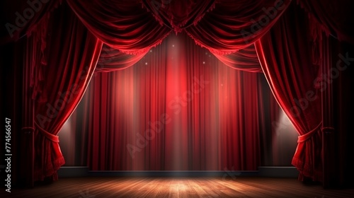 Red theater curtain with spotlights and wooden floor