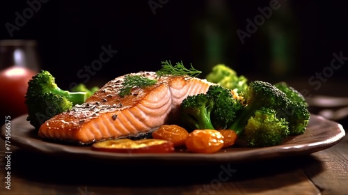 Grilled salmon fillet with vegetables on a plate on a wooden table