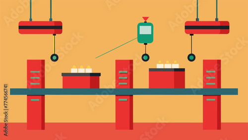An overhead shot of a conveyor system transporting materials through the factory with strategically p sensors and alarms to prevent bottlenecks