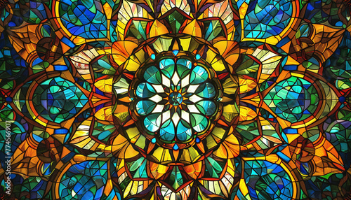 A detailed close up of a vibrant stained glass window showing intricate patterns and colors illuminated by natural light. 