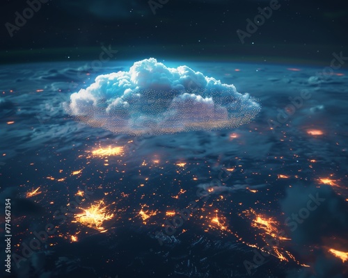 Ethereal cloud infrastructure hovering above Earth