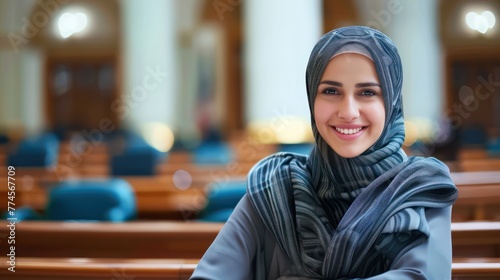 Professional photography of a young female lawyer wearing a hijab, smiling in a courtroom background photo