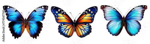 Beautiful butterflies with blue, yellow, and orange hues gracefully in flight, isolated against a transparent background. Made with generative AI technology