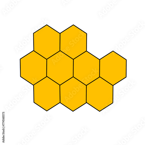 A honeycomb with six hexagons on each side. The honeycomb is yellow and black