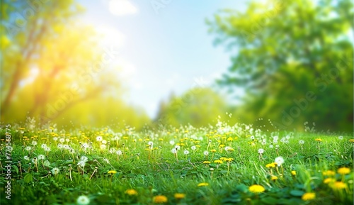 Beautiful meadow with lush grass and bright yellow dandelion flowers under a hazy blue sky with fluffy clouds, capturing the essence of summer and spring. Made with generative AI technology.