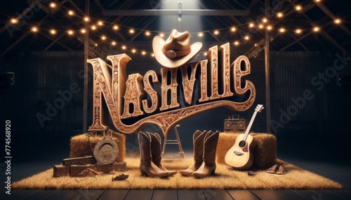 Nashville country music scene with cowboy boots and guitar, perfect for music festivals, country lifestyle, and southern culture marketing