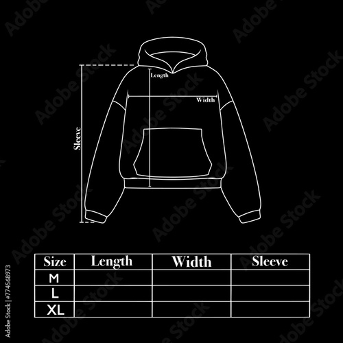 Size chart for hoodie crop top that can be edited as needed. This design is for fashion brands, selling products, templates, advertisements, and others. photo