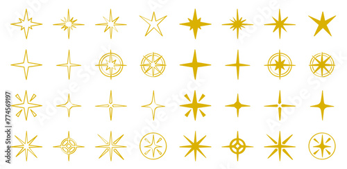 Set de ilustraciones decorativas dibujadas a mano de estrellas color dorado. Vector	
