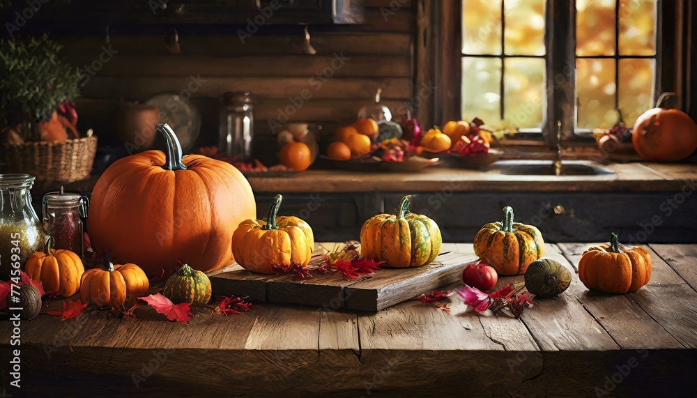  autumn kitchen, a wood table with plenty of copy space,pumpkin and pumpkins a rustic charming pumpkin decorations that evoke the spirit of the season. - obrazy, fototapety, plakaty 