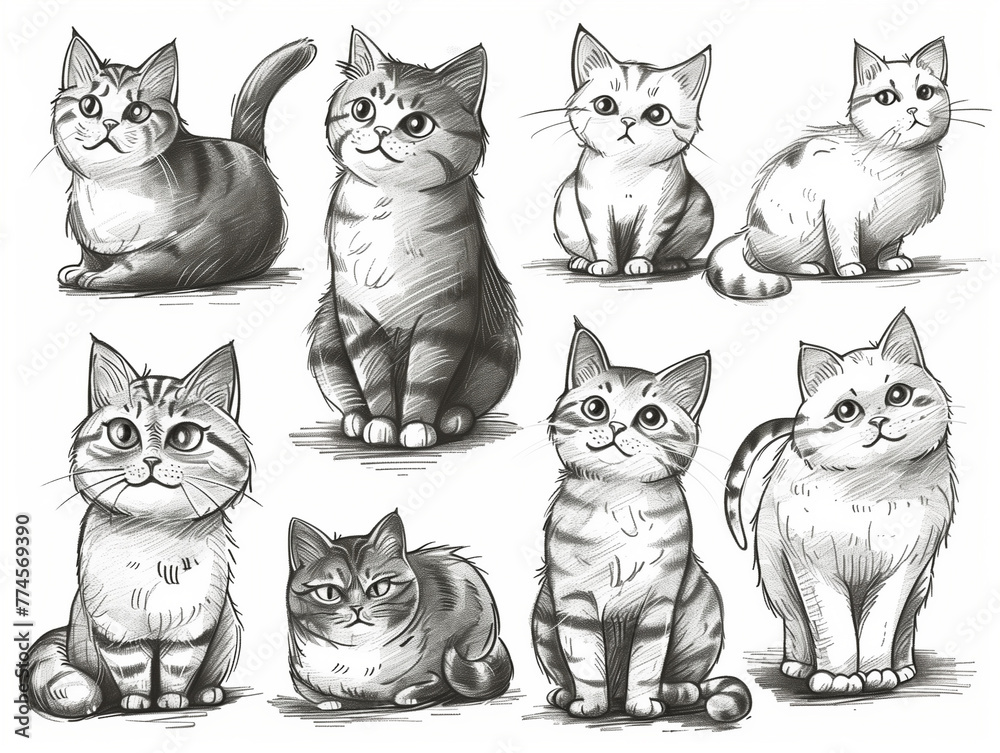 Set of cats in doodle style, Generative AI. Set of cats in doodle style, Generative AI.
