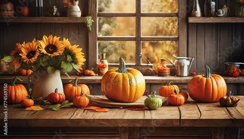 pumpkins and gourds in a basket a rustic autumn kitchen, a wood table with plenty of copy space, charming pumpkin decorations that evoke the spirit of the season. photo