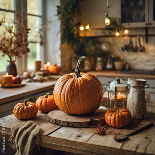 pumpkins and gourds Embrace the cozy vibes of autumn with an empty wood table adorned with charming pumpkin decorations photo