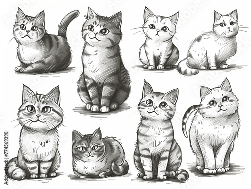 Set of cats in doodle style, Generative AI.