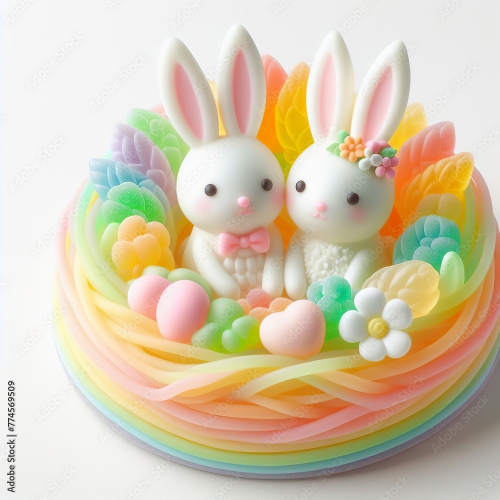 a couple wedding bunny in nest made of pastel color rainbow gummy candy on a white background a couple wedding bunny in nest made of pastel color rainbow gummy candy on a white background