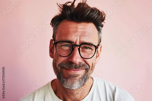 Portrait of a smiling senior man with eyeglasses on a pink background
