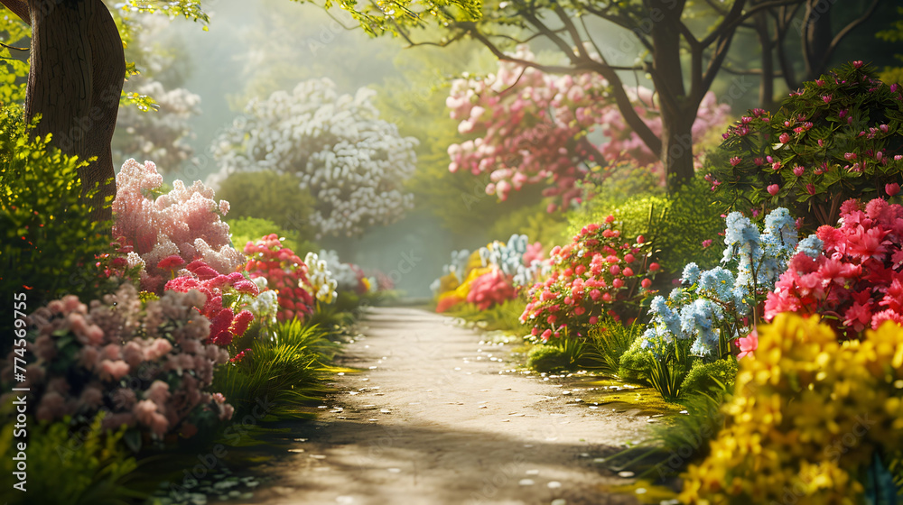 A path lined with blooming flowers leading through a spring garden, inviting exploration and discovery, perfect for an Easter journey theme.