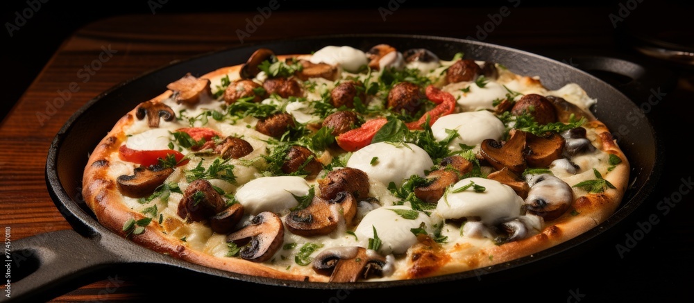 Mouthwatering pizza topped with fresh mushrooms, juicy tomatoes, and melted cheese, all cooked in a skillet Mouthwatering pizza topped with fresh mushrooms, juicy tomatoes, and melted cheese, all cooked in a skillet