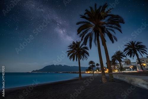 Calm night landscape with palm trees on Tenerife beach, Spain © Jawed Gfx
