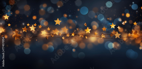Abstract glitter gold, silver, purple, blue defocused lights background. Christmas background with star neon lamp and snowflake in purple colors, winter holidays design.