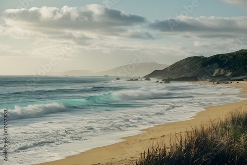 Calm ocean surf crashing onto sandy beach, coastal tranquility