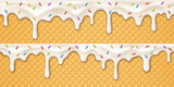 Realistic ice cream melting drip with candy sprinkles on wafer background. 3d vector molten syrup texture with drops on waffle cone. White sweet liquid splashes, glossy border with dripping droplets
