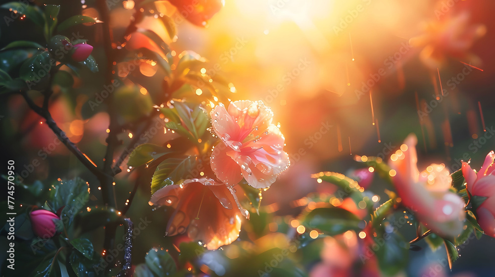 The soft glow of dawn breaking over a peaceful garden, the dewy petals and leaves capturing the essence of Easter morning. - obrazy, fototapety, plakaty 