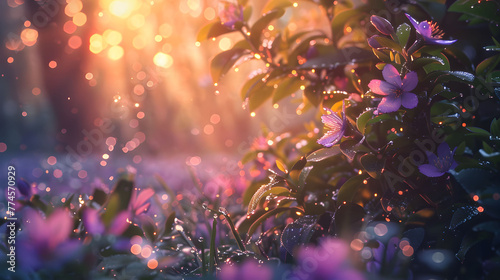 The soft glow of dawn breaking over a peaceful garden, the dewy petals and leaves capturing the essence of Easter morning. photo
