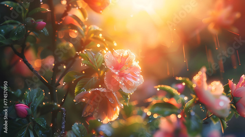 The soft glow of dawn breaking over a peaceful garden, the dewy petals and leaves capturing the essence of Easter morning. photo