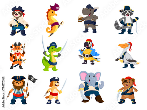 Cartoon funny animals and sea pirate characters, captain corsairs and sailors, vector personages. Caribbean pirate animals, lion in tricorne, parrot buccaneer in corsair bandana and bear with eyepatch