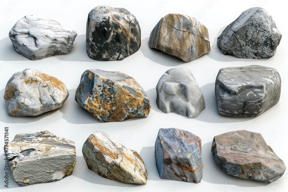 Displayed against a white background are stones, rocks, and various types of stone.
