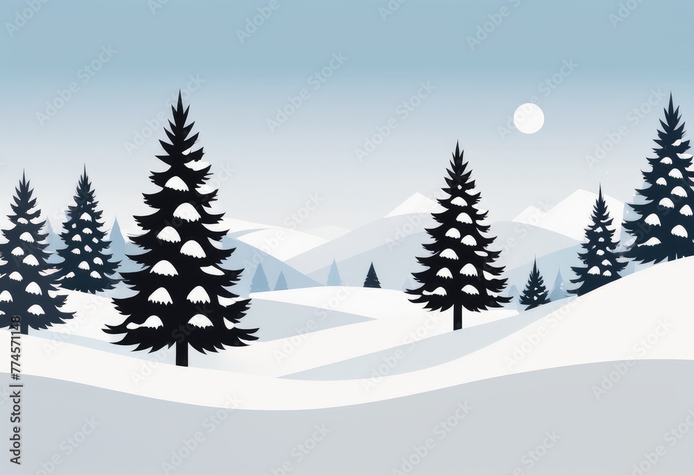 A snowy winter scene featuring decorated Christmas trees nestled in the landscape