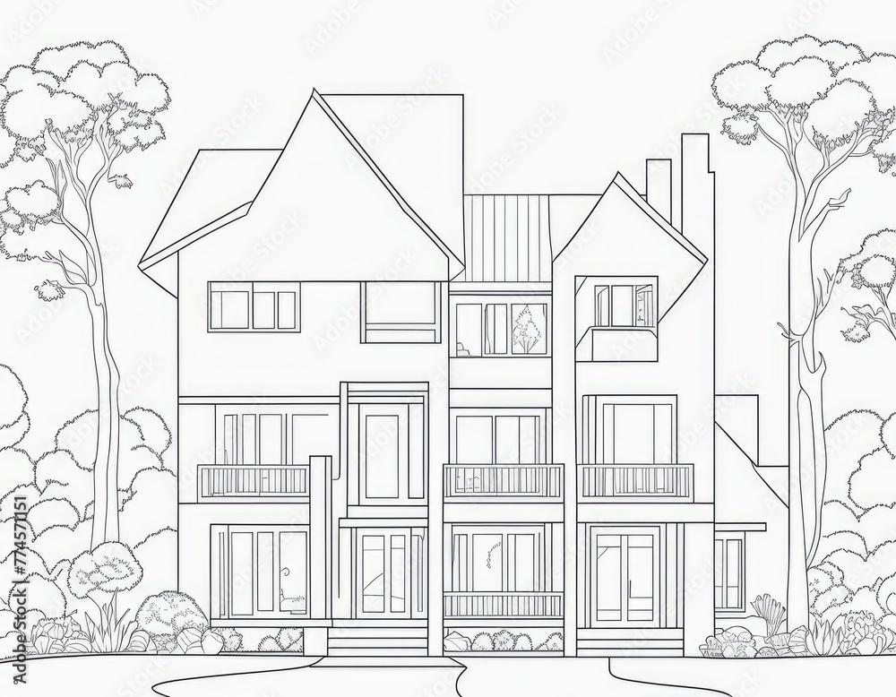 a beautiful house lineart coloring page 