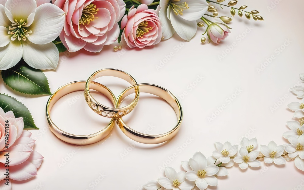 A wedding backdrop springs to life, adorned with intertwined gold rings symbolizing eternal union. A delicate flower accents the scene, while soft light bathes the composition in a warm glow A wedding backdrop springs to life, adorned with intertwined gold rings symbolizing eternal union. A delicate flower accents the scene, while soft light bathes the composition in a warm glow