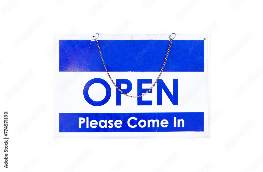 Fototapeta premium Blue and white plastic sign or symbol letter Open Please come isolated on cut out PNG or transparent background. Attention and alert. 