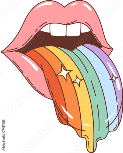 Cartoon hippie groovy lips with rainbow. Isolated vector pink female open mouth with colorful sticking trippy tongue, hinting at psychedelic experience or drug trip in nostalgic 60s or 70s hippy style