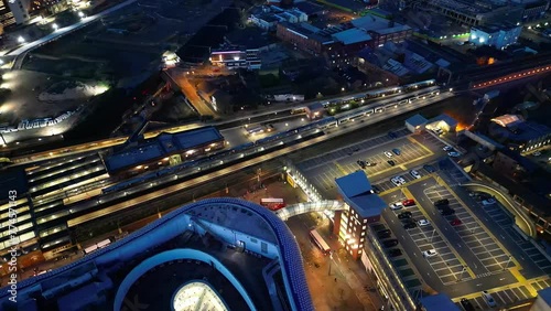 Illuminated Tall Buildings During Night at Central Birmingham City of England Great Britain. 
