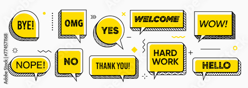 Yellow Memphis speech bubbles isolated vector set. Dialog chat clouds featuring bold lines and grunge typography font words. Bye, nope, omg, no, yes and thank you. Welcome, hard work, wow or hello © Buch&Bee